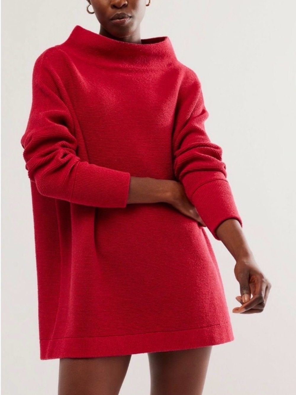 Free People Ottoman Slouchy Mock Neck Oversized Knit Tunic Sweater Cherry Glow